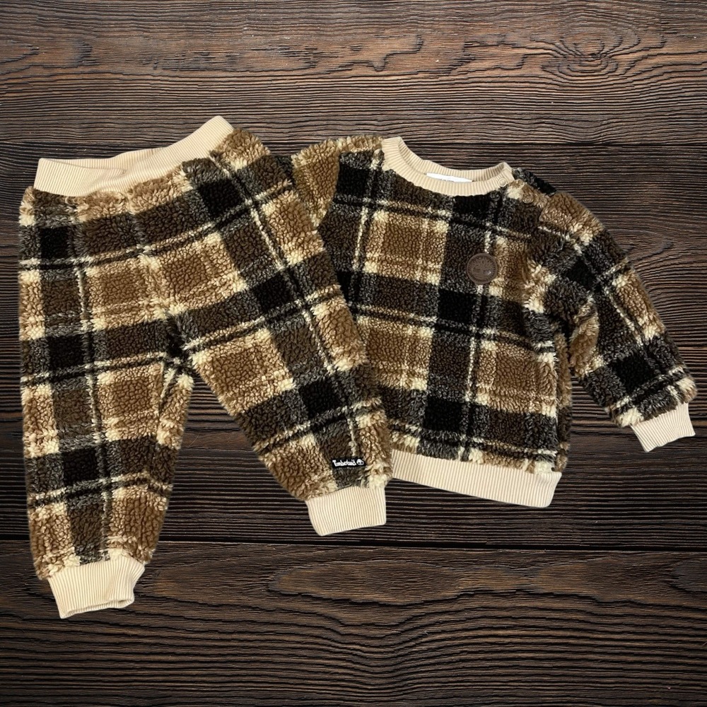 Timberland Kids 12M Brown Plaid Sherpa Fleece Sweatshirt and Pants Set